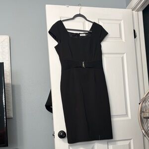 Calvin Klein Black Cap-Sleeve Belted Sheath Midi Dress